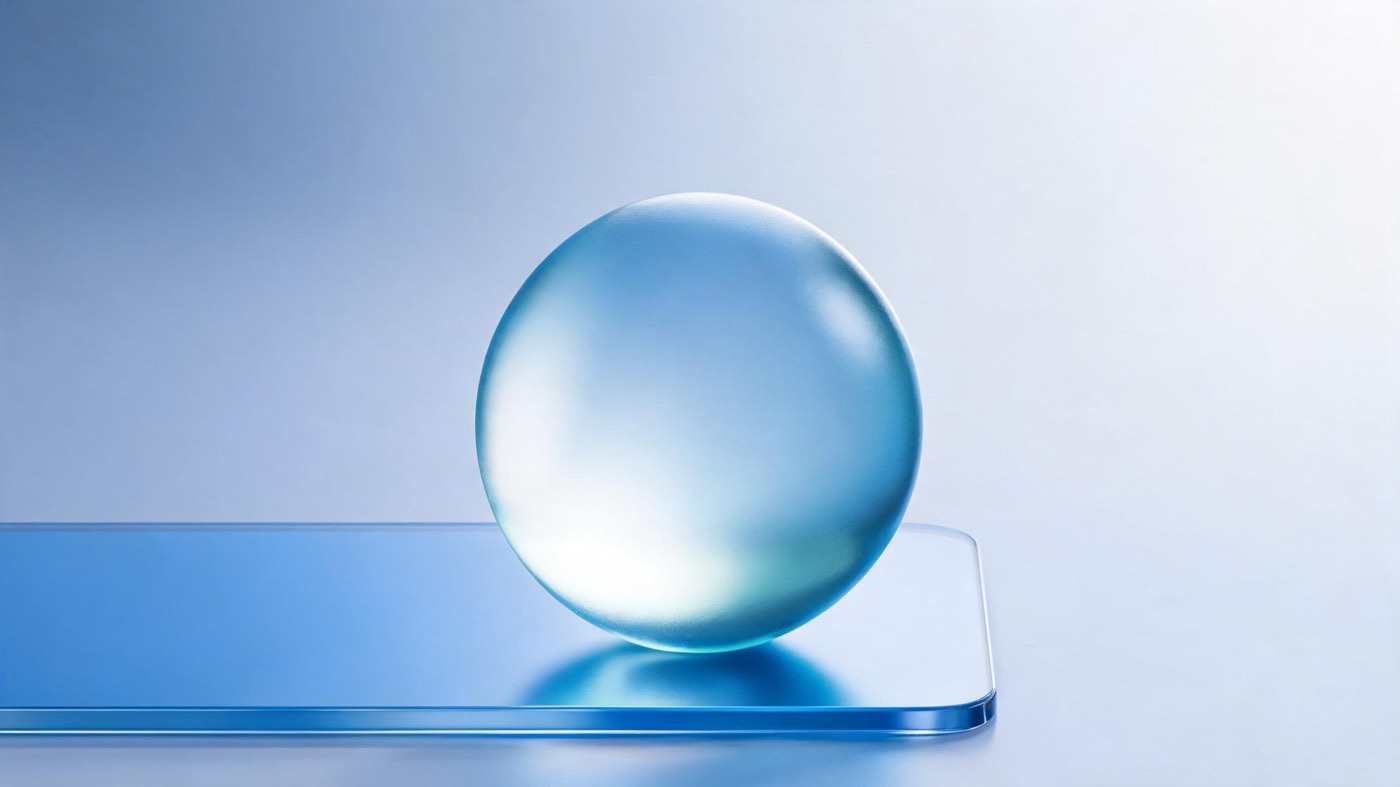 The same section brief from a cheaper model: a sphere resting on a glass slab, in a similar blue palette