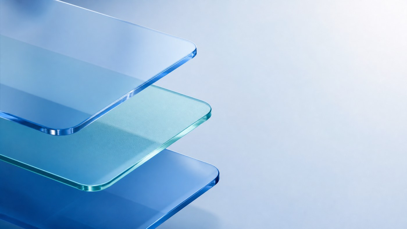 Title slide artwork: three stacked translucent glass panels in cool blue and teal against a pale gradient, with the right third of the frame empty