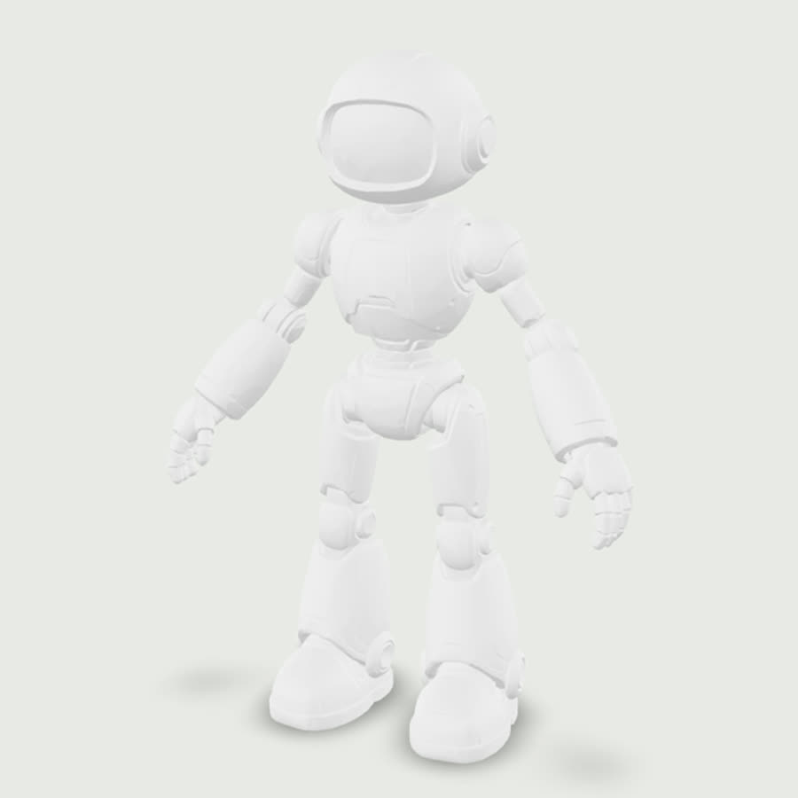The 31,000-triangle mesh rendered in grey: the robot with clean panel lines, separated fingers, and shaped boots