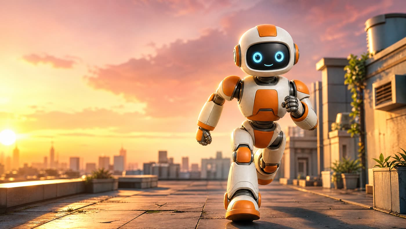 Wide capsule art: the robot running toward the viewer across a sunlit rooftop with a city skyline behind