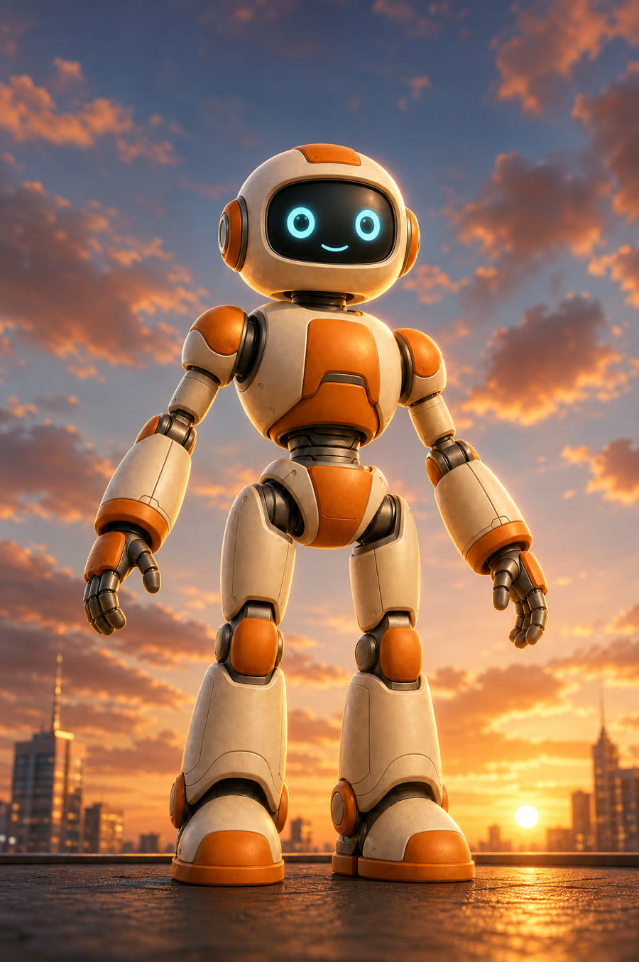 Vertical library art: the same robot standing against a sunset sky, seen slightly from below