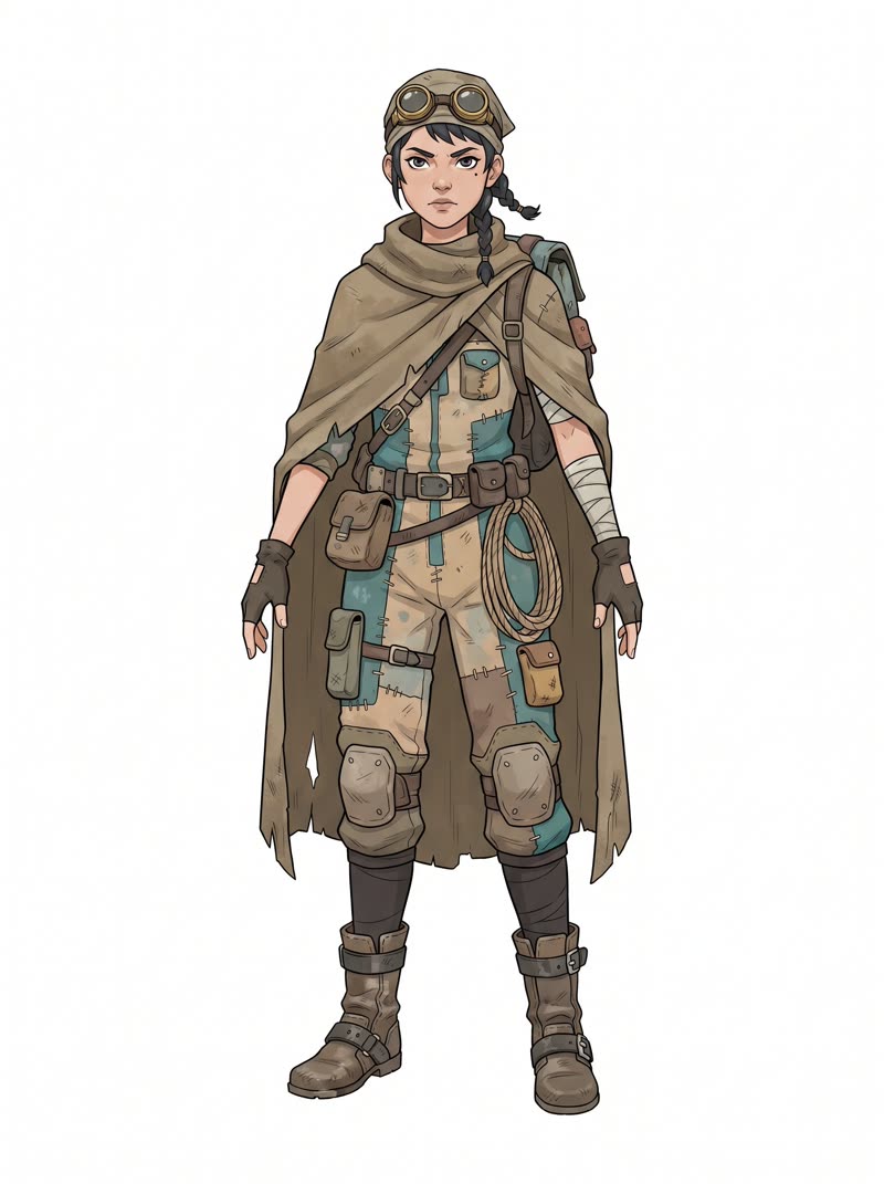The Banana 2 character sheet: the scavenger in a line-art style with pouches, straps, and wrapped forearms