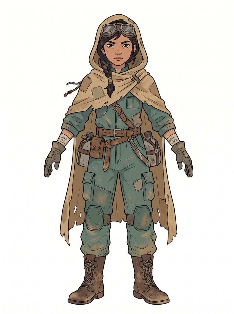 The Banana Pro character sheet: the same scavenger but with the hood pulled up over the head