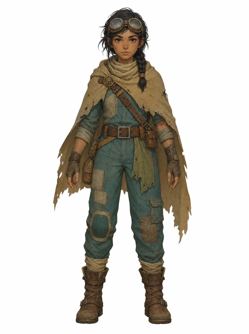 The GPT Image 2 character sheet: the scavenger with frayed cloak edges and scuffed boots