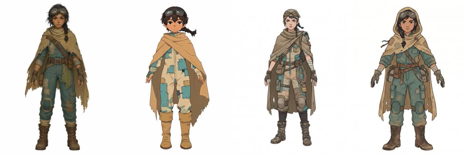 Four AI-generated character sheets side by side: the same desert scavenger girl rendered by four different image models