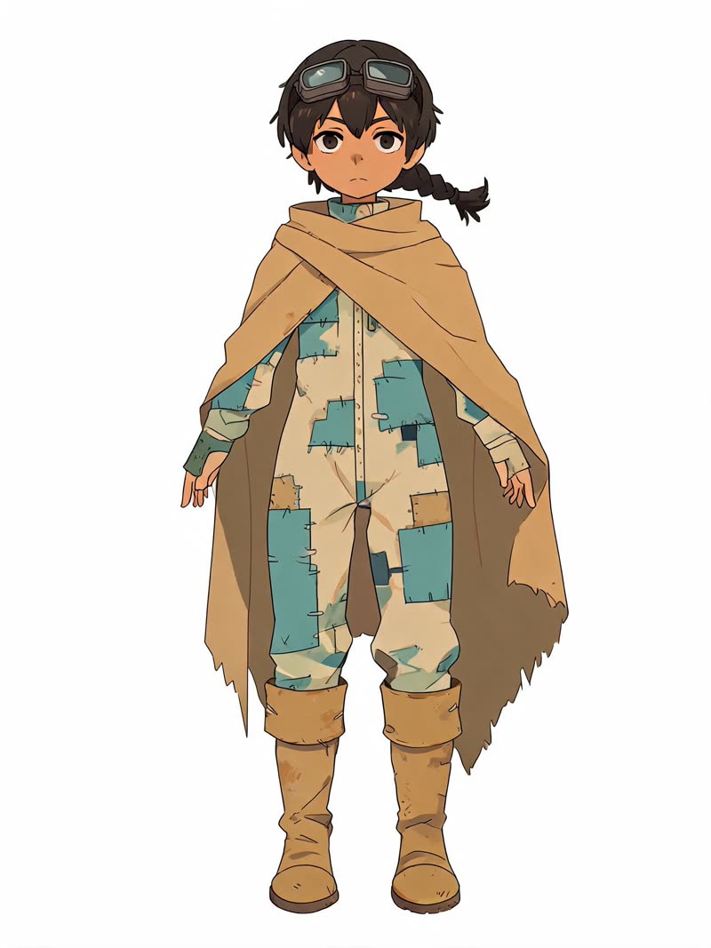 The Seedream 5 LTE character sheet: the same scavenger with stylised, animation-leaning proportions