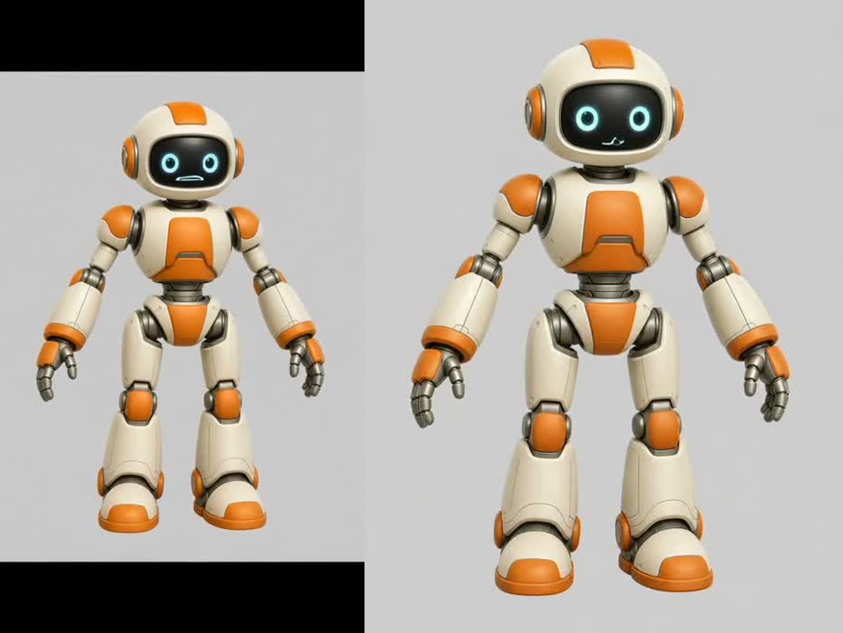 Two frames from lip sync runs on a robot character whose face is a screen with eyes and a thin mouth line
