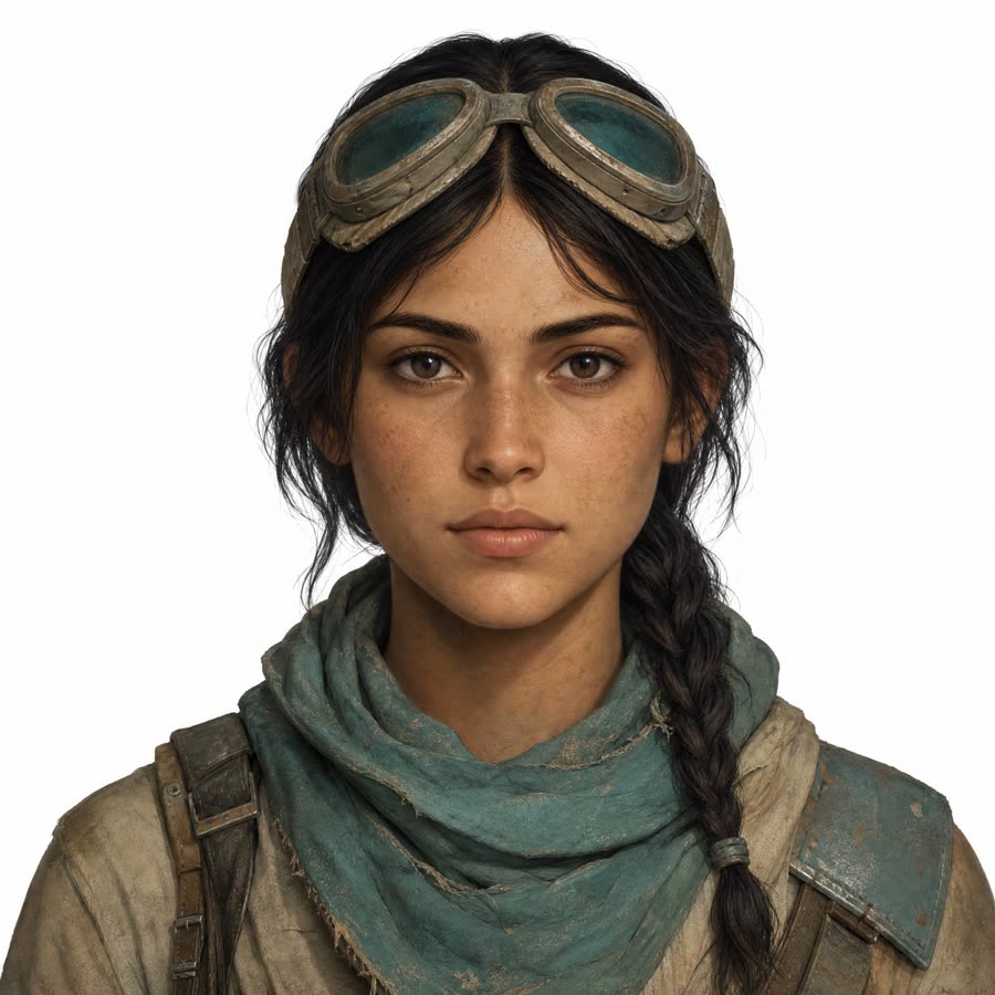The portrait made for lip sync: the scavenger character head and shoulders, facing camera, mouth fully visible