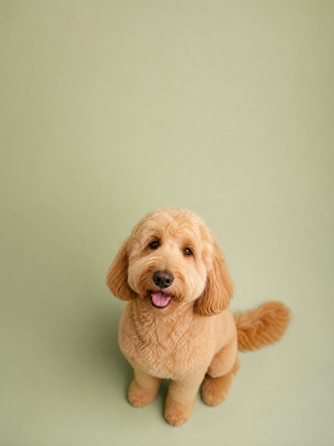 Carousel slide one: a groomed golden doodle sitting on a pale sage-green backdrop, with empty space filling the top of the frame
