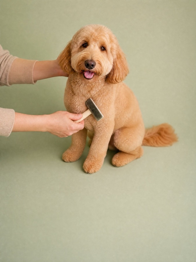 Carousel slide two: hands brushing the same golden doodle against the same sage-green backdrop