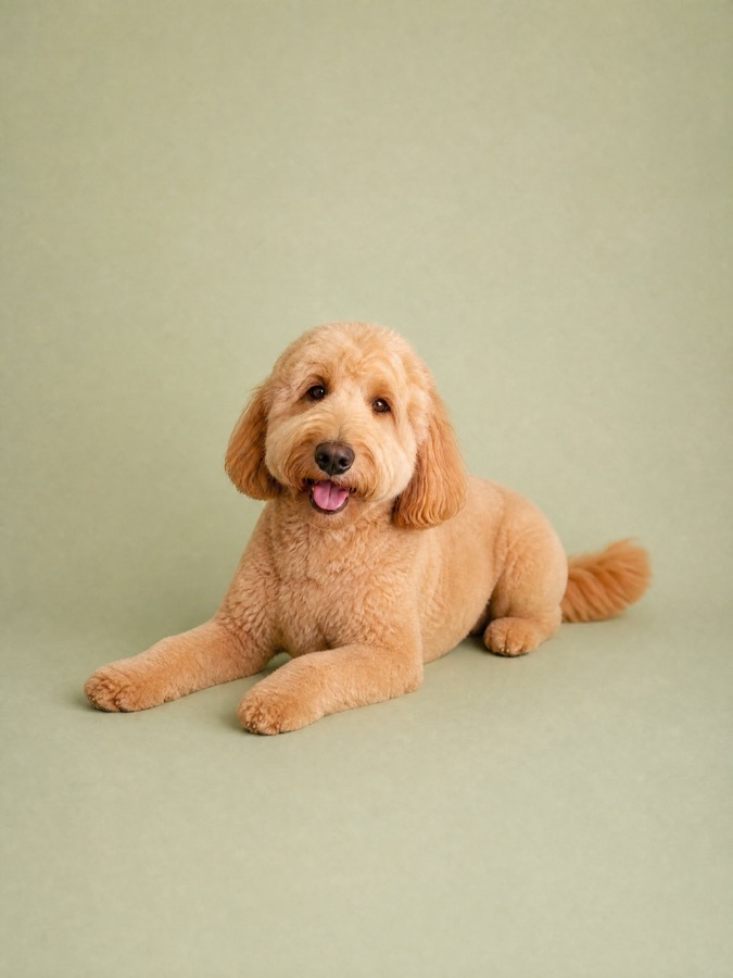 Carousel slide three: the same golden doodle lying down, relaxed, on the same sage-green backdrop