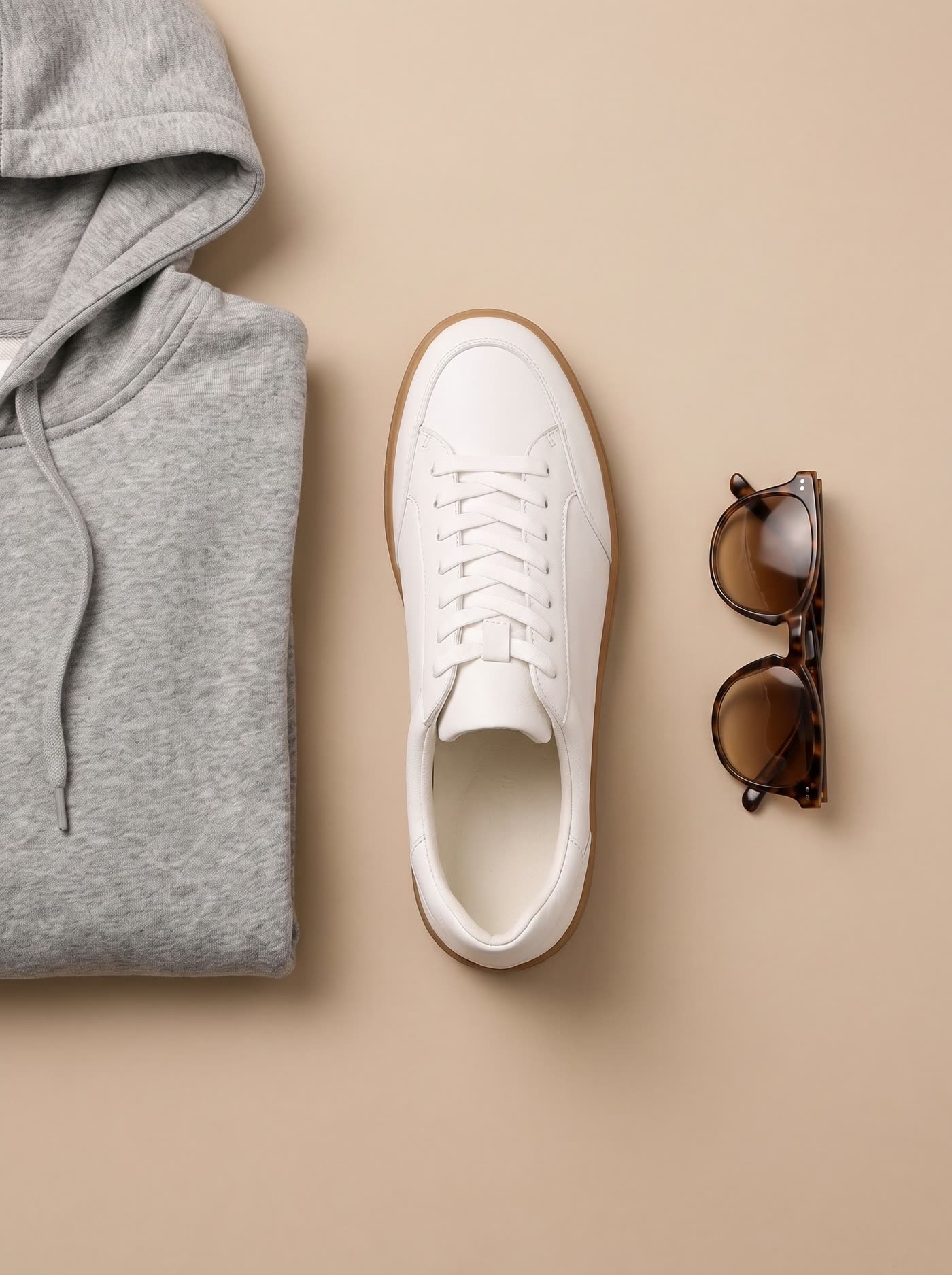 Top-down flat lay: the white sneaker beside a folded grey hoodie and tortoiseshell sunglasses on a beige surface