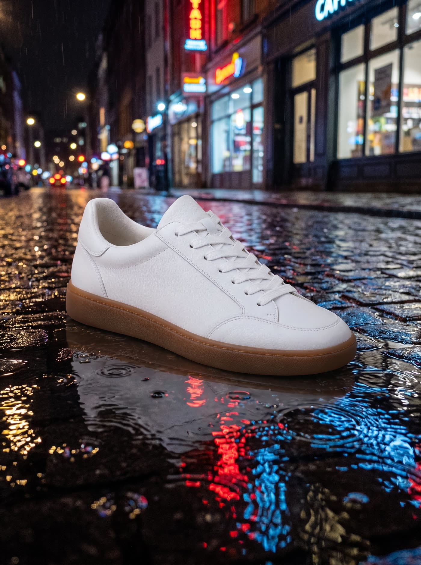 The same white sneaker on a rain-wet city street at night, neon signs reflected in the puddles