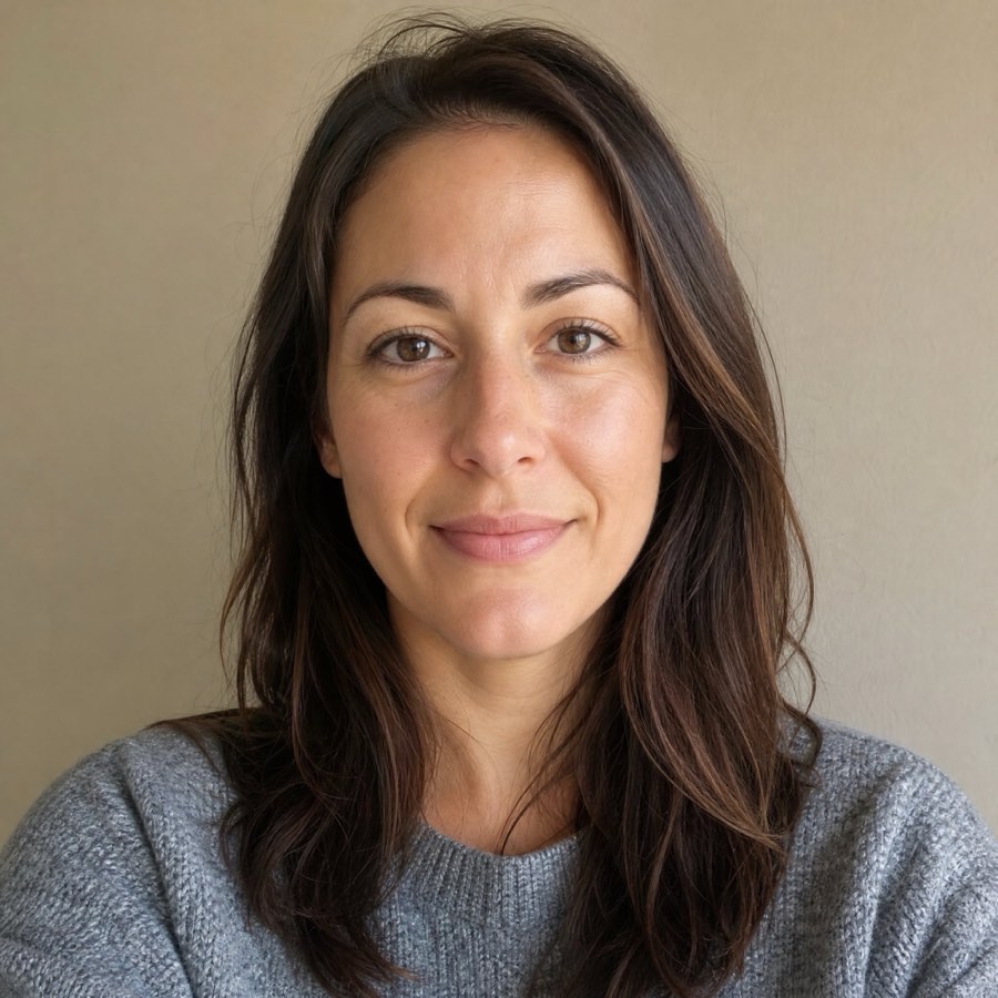 The generated presenter: a woman in a grey sweater facing camera against a plain beige wall, mouth clearly visible